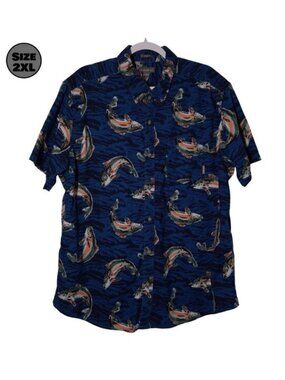 Eddie Bauer Baja Trout USED Button-down Shirt (2XL, Blue, Fishing, Classic Fit)